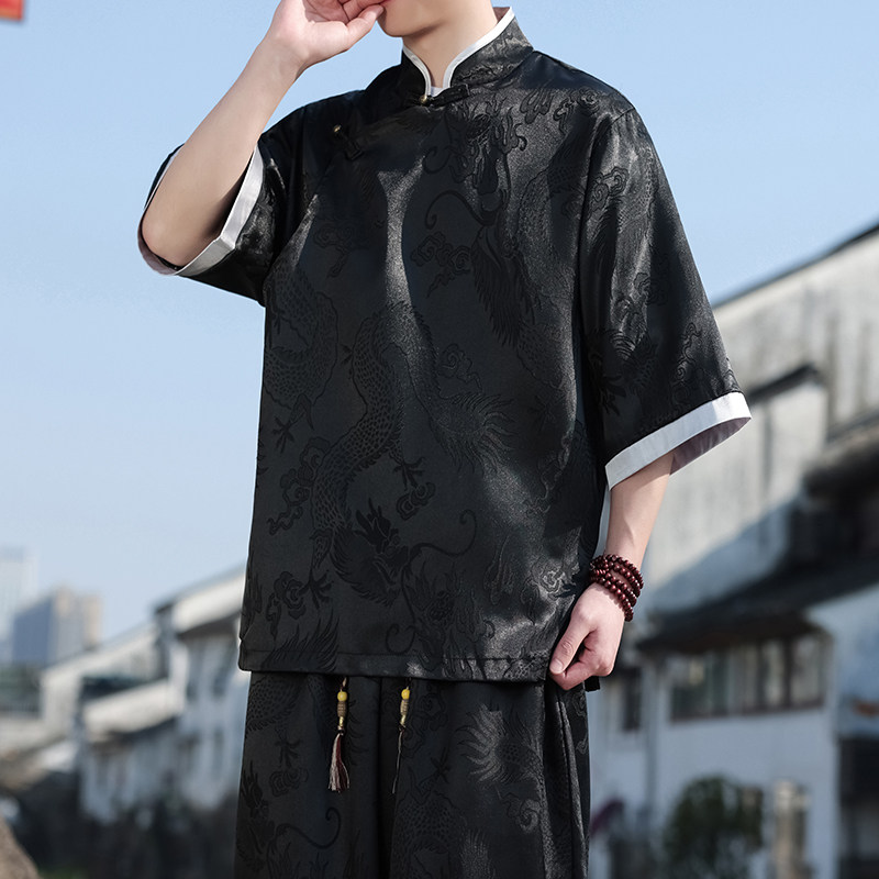 新中式C风斜襟盘扣龙纹冰丝中山装衬衫夹克外套男CS76-P65控78,男装夹克,电商A005