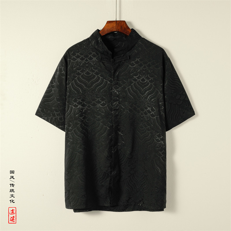 风A新中式缎面提花云海暗纹立领盘扣短袖冰丝衬衫CS70-P70控98图片