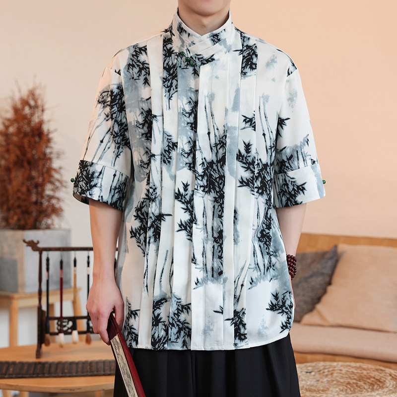 新中式B风树叶冰丝复古珍珠扣立领小众中袖衬衫男CS67-P70控98,男装衬衫,电商A005