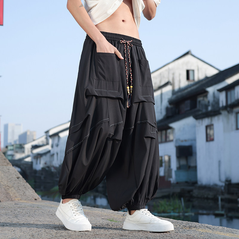 新中式暗黑H风冰丝垂感折褶小众设计阔腿裤男K155-P65控88,男装休闲裤,电商A005