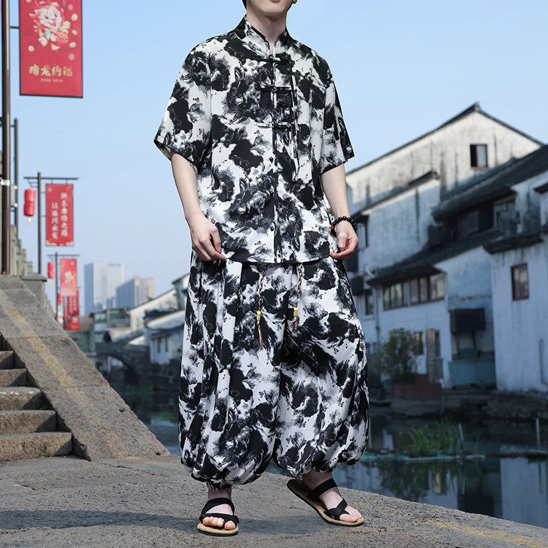 新中式F小众盘扣扎染水墨冰丝衬衫男灯笼裤套装TZ72-P130控158，男装休闲套装，电商A005