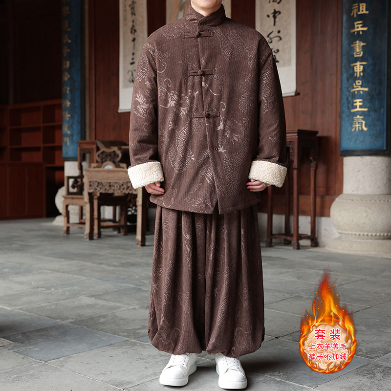 新中式AK龙纹灯芯绒羊羔毛夹克棉衣服保暖套装男TZ131-P203控228,男装休闲套装,电商A005