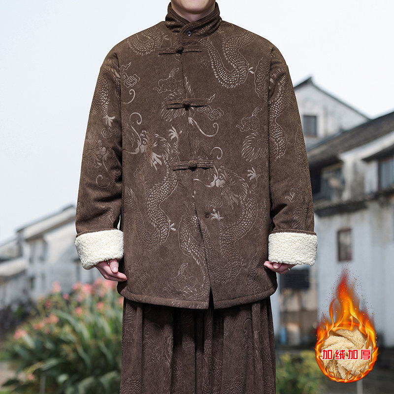 新中式U斜领盘扣龙纹暗花灯芯绒羊羔毛夹克棉衣服JK19-P135控158图片