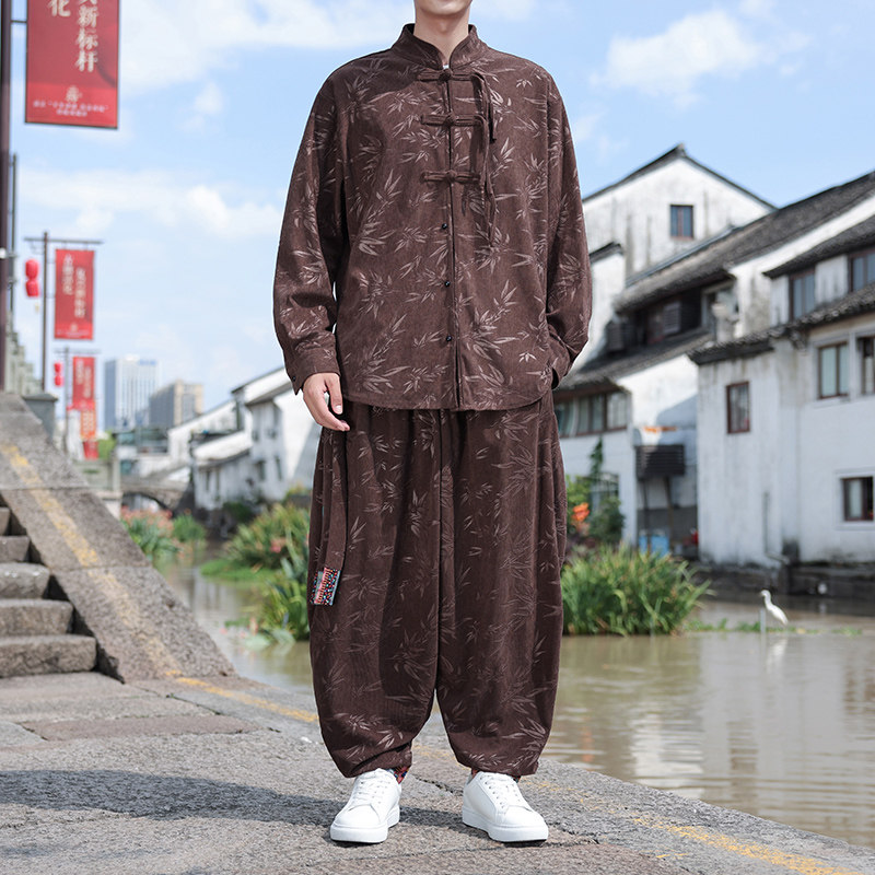 树叶暗花D灯芯绒衬衫夹克民族舞蹈束脚裤套装男TZ120-P136控158,男装T恤,电商A005