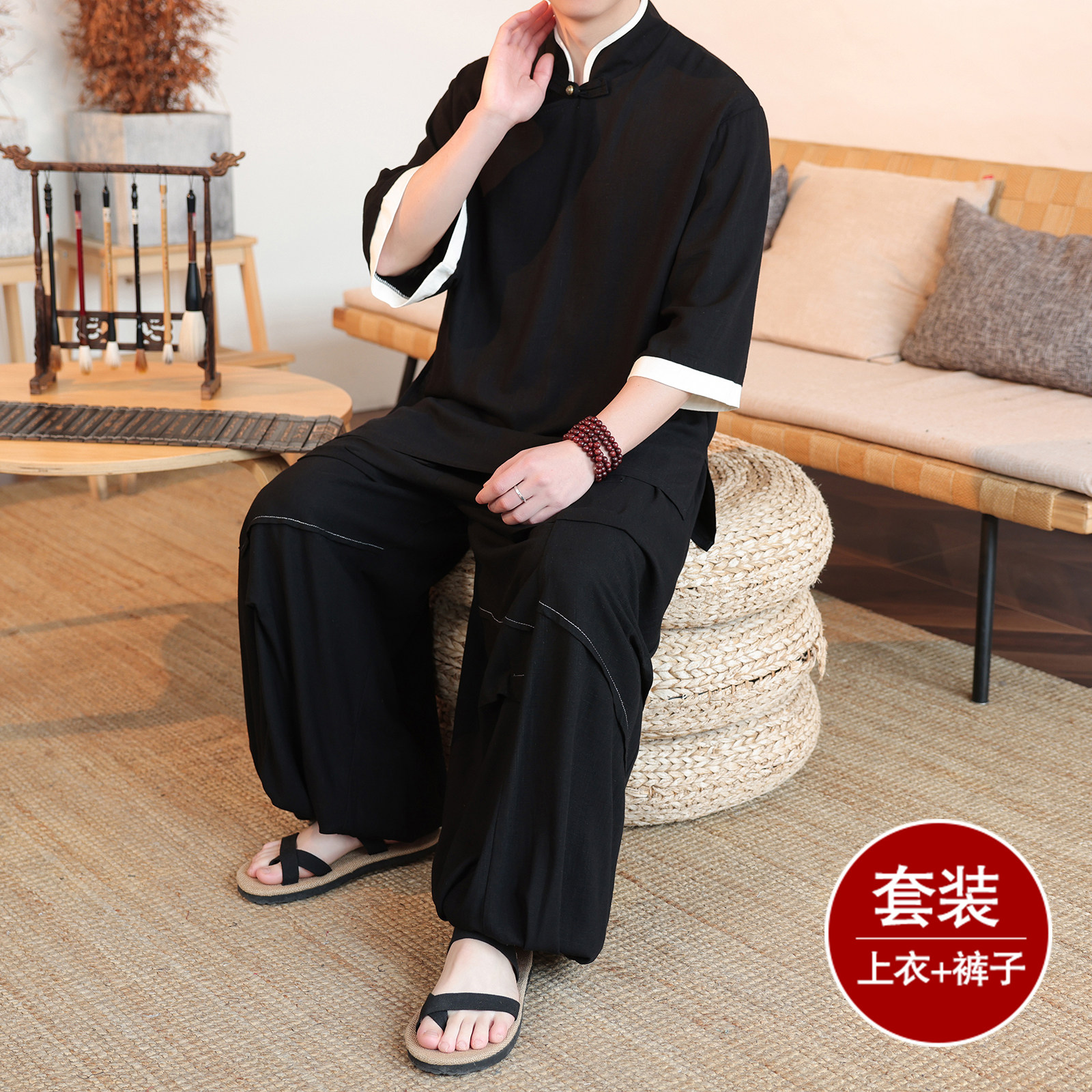 风E斜襟棉麻衬衫中山装外套折褶阔腿裤套装男TZ170-P166控188,男装休闲套装,电商A005