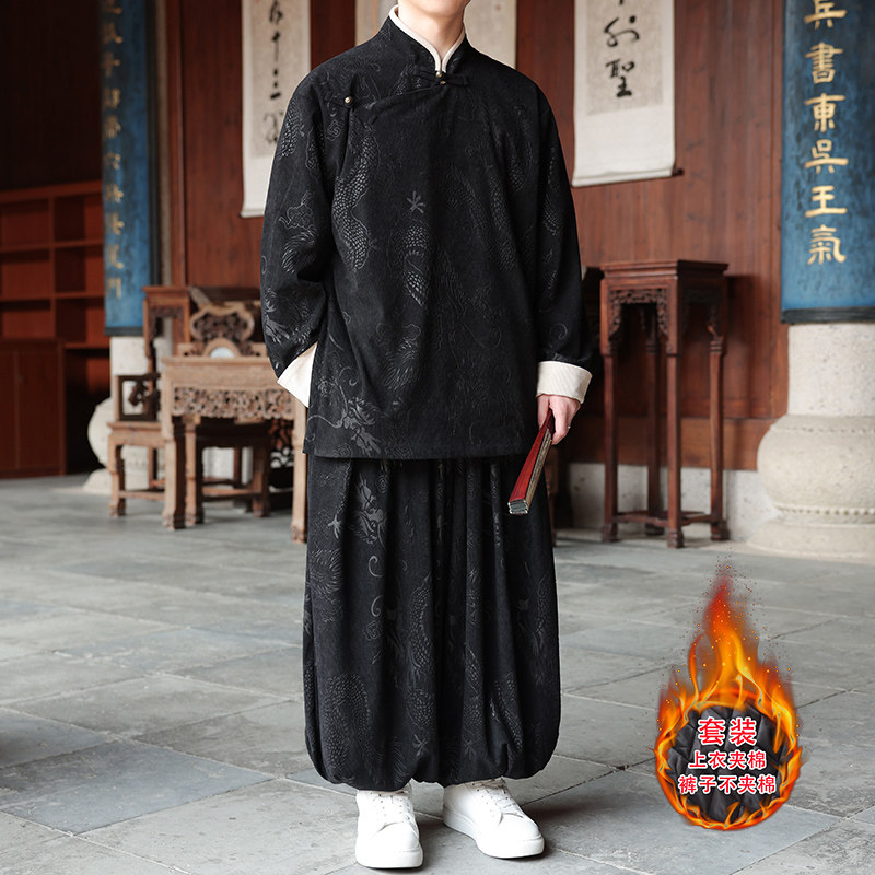 新中式Z龙纹灯芯绒夹克夹棉外套棉衣束脚裤套装TZ10132-P203控228,男装夹克,电商A005