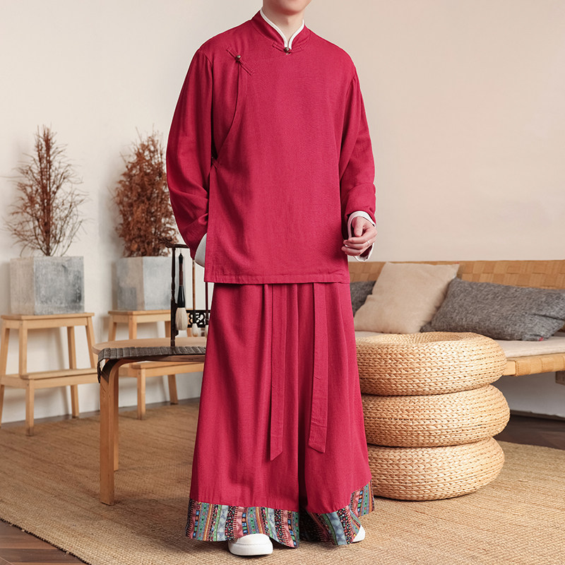 民族风O斜襟盘扣亚麻棉麻衬衫夹克阔腿裤套装TZ153-P186控208，男装衬衫，电商A005