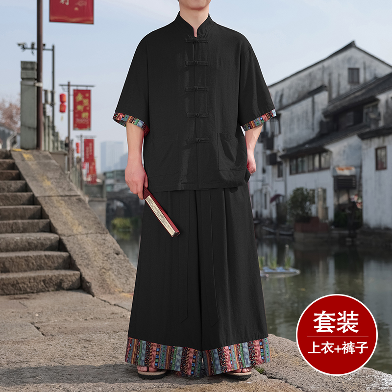 民族风C拼色盘扣亚麻衬衫民族风裙裤阔腿裤套装男TZ162-P163控188，男装衬衫，电商A005