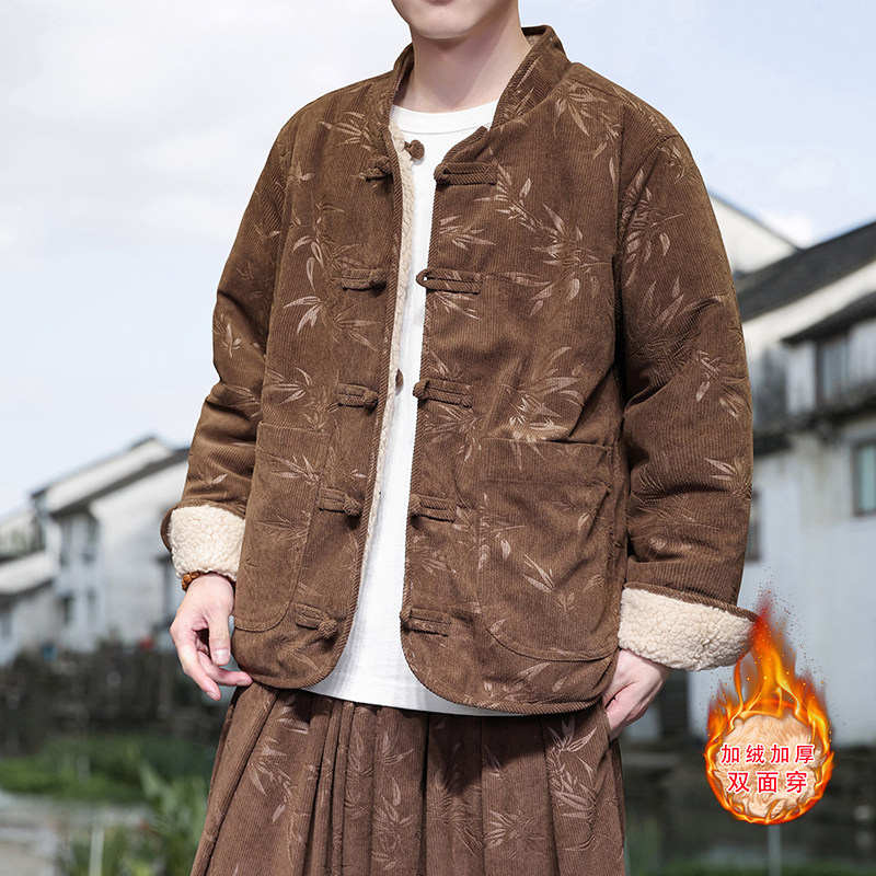 新中式H树叶灯芯绒羊羔毛加绒加厚双面穿棉服夹克JK15-P135控158,男装夹克,电商A005