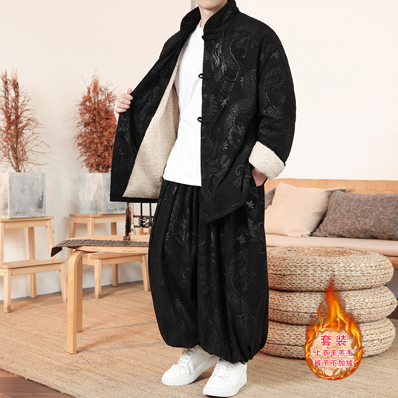 新中式S龙纹灯芯绒羊羔毛夹克棉衣服保暖套装男TZ131-P203控228,男装夹克,电商A005
