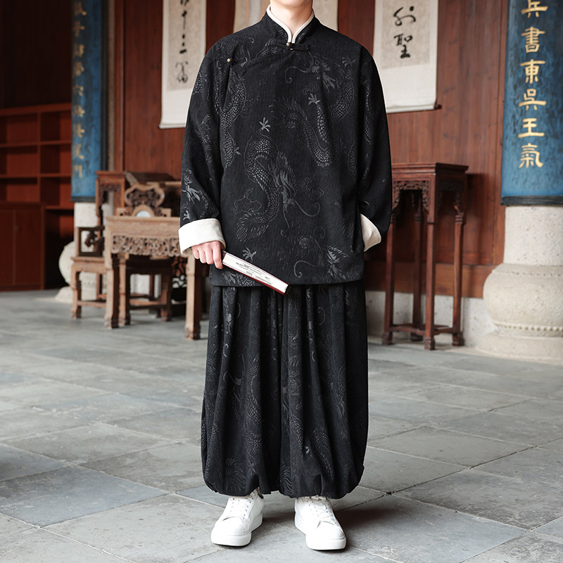 新中式AB龙纹灯芯绒中山装夹克外套束脚裤套装男TZ132-P173控198,男装休闲套装,电商A005