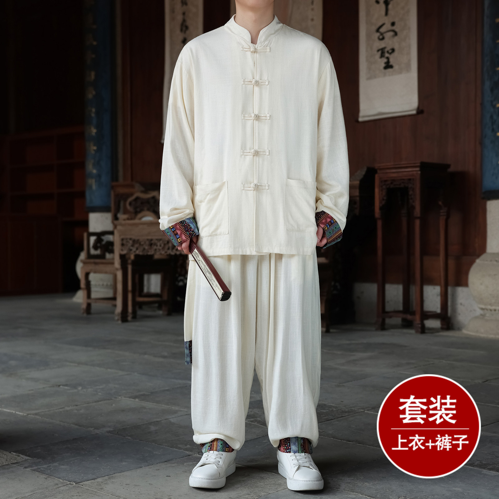 风X盘扣亚麻棉麻衬衫夹克外套大裤裆套装男TZ136-P150控178,男装夹克,电商A005