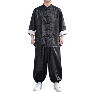 风C盘扣暗花龙纹冰丝衬衫萝卜裤套装男TZ159-P120控148图片