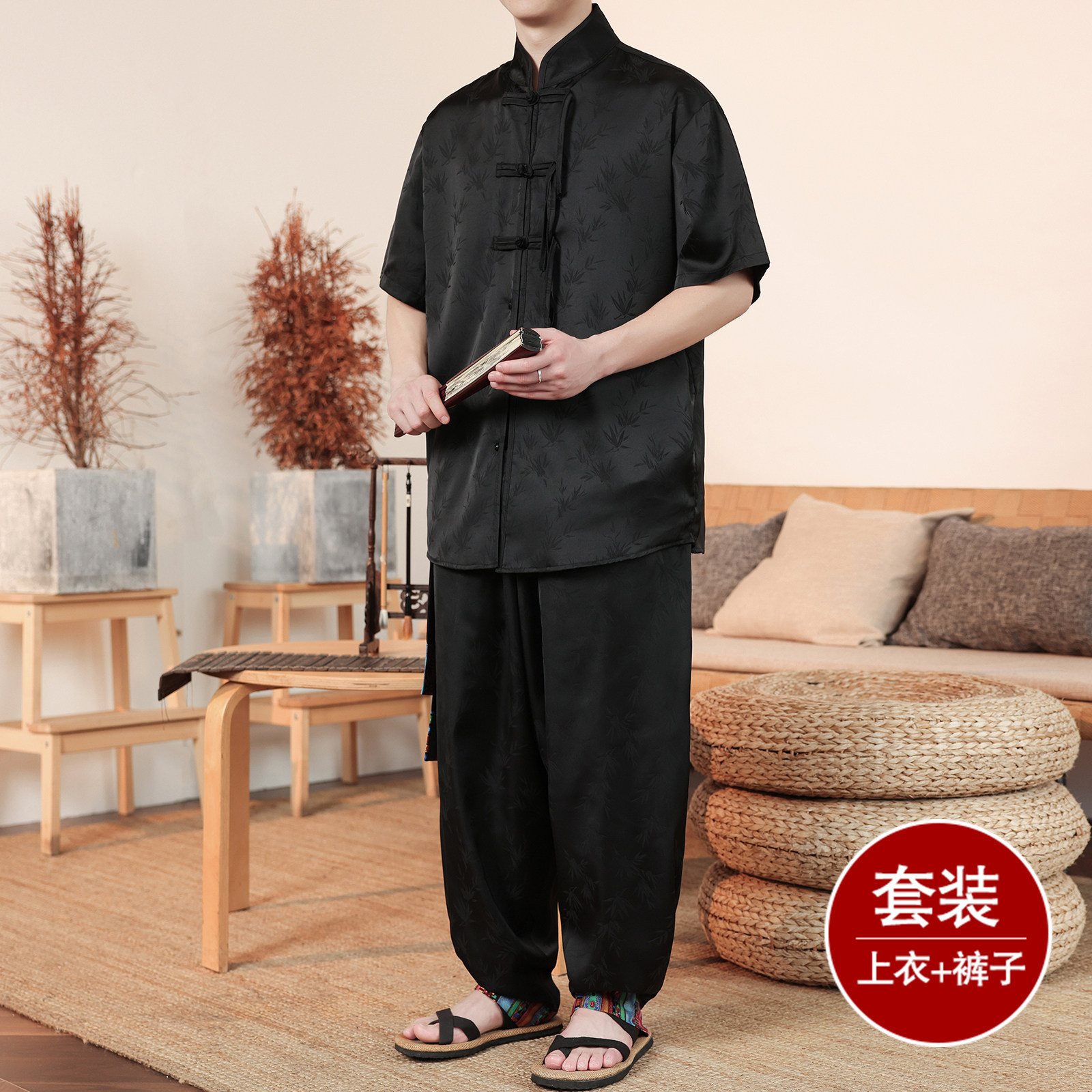 风E树叶暗纹提花冰丝短袖衬衫男飞鼠裤套装男TZ171-P136控158,男装休闲套装,电商A005