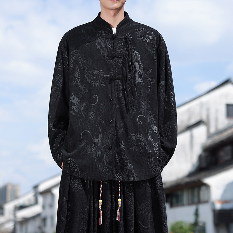 风新中式J盘扣龙纹暗花灯芯绒衬衫夹克外套男CS66-P68控88,男装夹克,电商A005