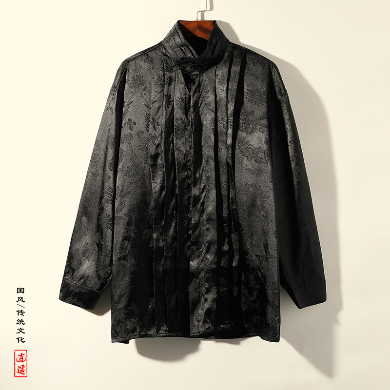 改良中式I缎面提花冰丝长袖珍珠扣立领小众衬衫男CS09-P75控98图片
