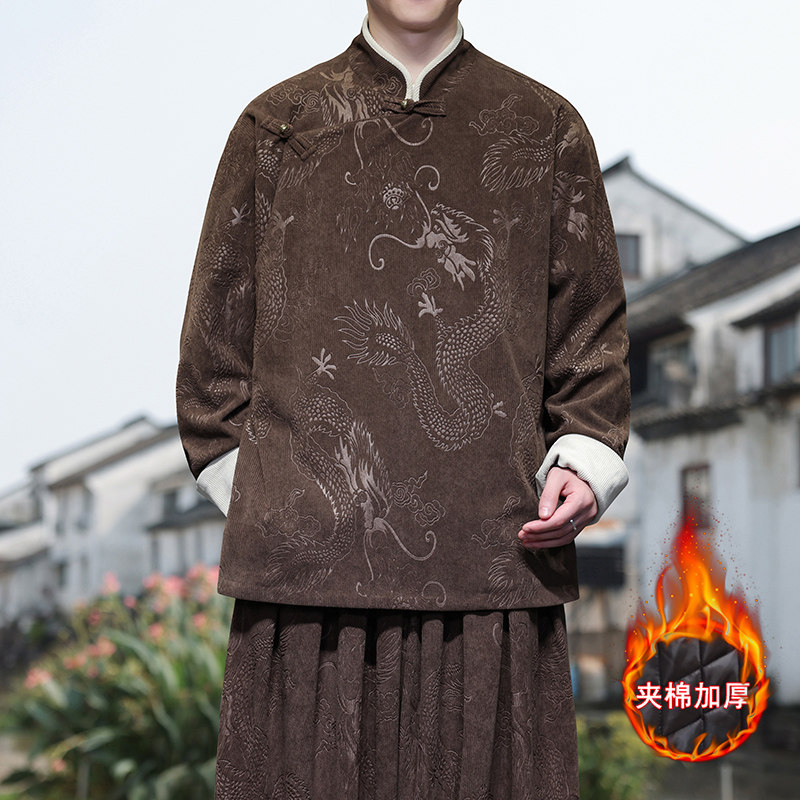 新中式R斜襟龙纹灯芯绒中山装夹棉加厚外套棉衣JK1020-P135控158,男装棉衣,电商A005