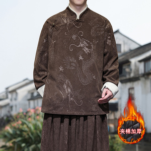 新中式R斜襟龙纹灯芯绒中山装夹棉加厚外套棉衣JK1020-P135控158