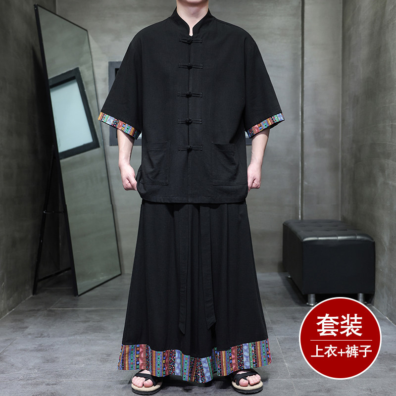 民族风G拼色盘扣亚麻衬衫民族风裙裤阔腿裤套装男TZ162-P163控188,男装衬衫,电商A005