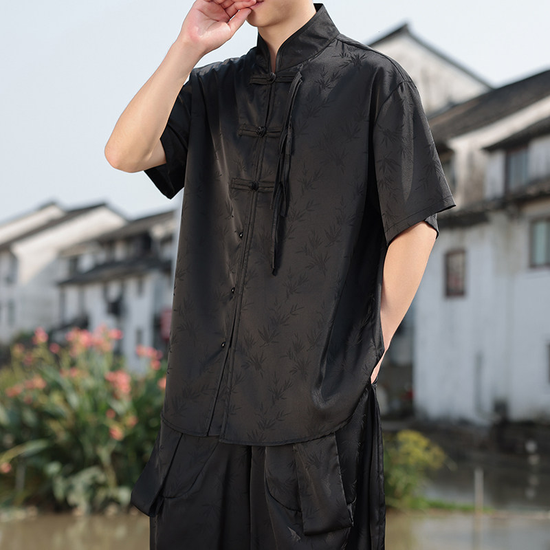 新中式E风盘扣小众树叶暗纹提花冰丝短袖衬衫男CS72-P68控88,男装衬衫,电商A005