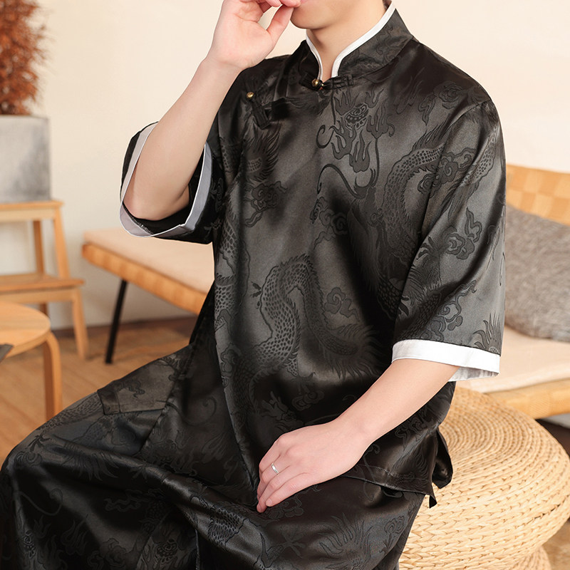 新中式A风斜襟盘扣龙纹冰丝中山装衬衫夹克外套男CS76-P65控78,男装夹克,电商A005
