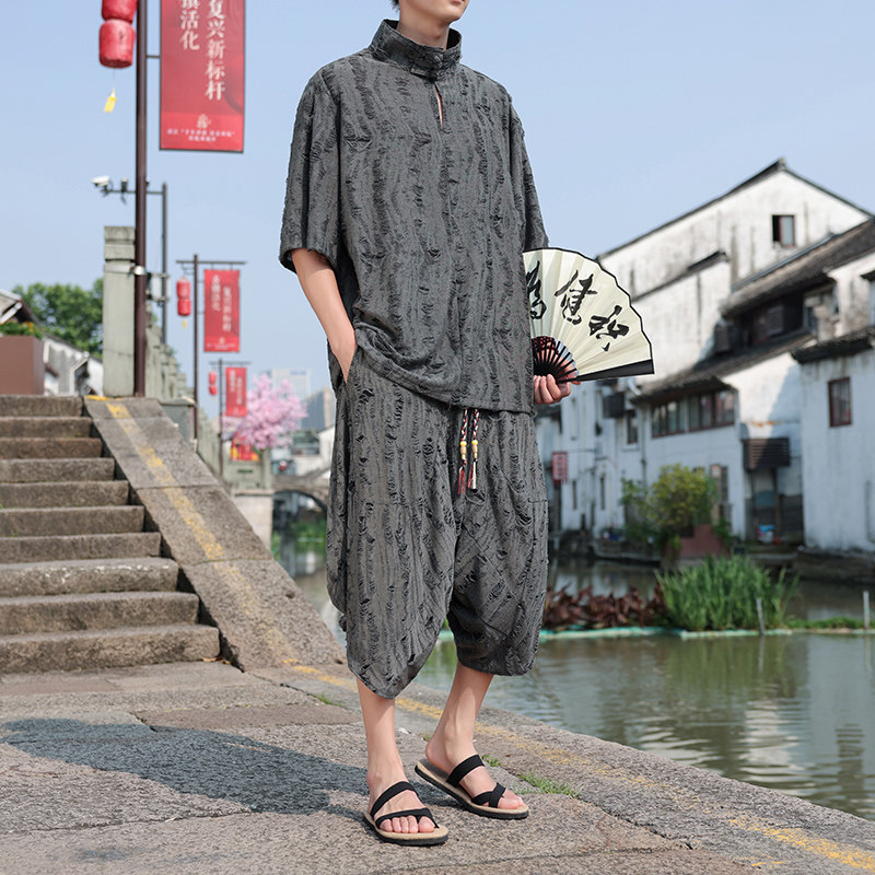 新中式风A破洞乞丐冰丝t恤小众七分裤男套装TZ105-P126控148,男装T恤,电商A005