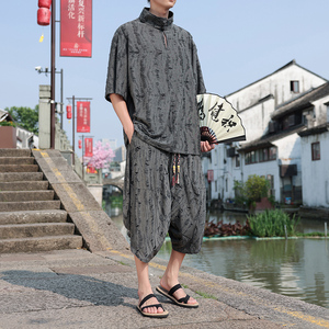 新中式风A破洞乞丐冰丝t恤小众七分裤男套装TZ105-P126控148图片
