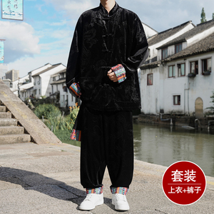 新中式G民族风金丝绒龙纹夹克舞蹈阔腿裤套装男TZ175-P143控168,阔腿裤能搭配面包服吗图片