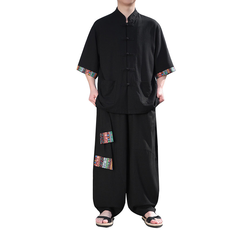 民族风H盘扣亚麻衬衫民族风棉麻阔腿裤套装男TZ163-P163控188,男装衬衫,电商A005