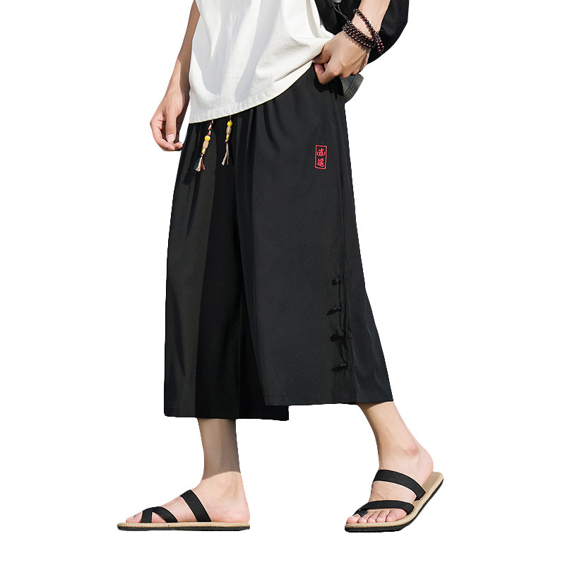 风G暗黑冰丝刺绣盘扣运动阔腿裤小众设计七分裤DK117-P55控78,男装牛仔裤,电商A005