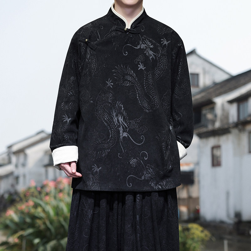 新中式AC斜襟盘扣龙纹灯芯绒中山装立领夹克外套男JK20-P105控138图片