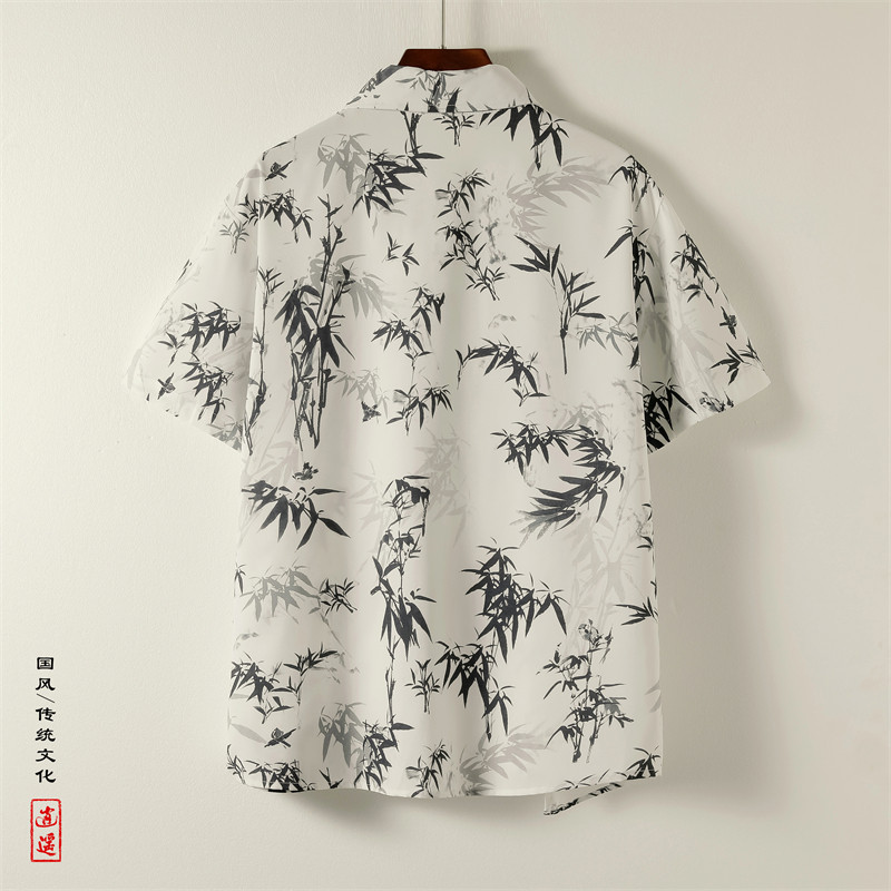 改良新中式F树叶印花冰丝短袖盘扣小众不规则衬衫男CS65-P58控78,男装T恤,电商A005