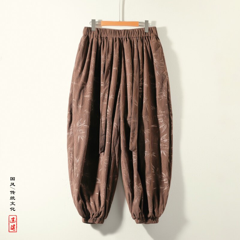风新中式W保暖树叶印花纹灯芯绒阔腿束脚裤男K199-P68控88图片