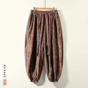 风新中式W保暖树叶印花纹灯芯绒阔腿束脚裤男K199-P68控88图片
