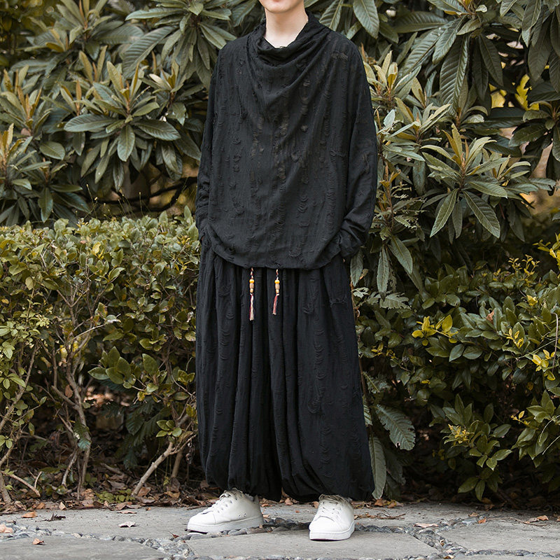 新中式H破洞不规则领堆堆领小众束脚阔腿裤套装男TZ30-P143控168，男装T恤，电商A005