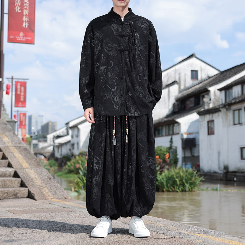 风D盘扣龙纹暗花灯芯绒衬衫夹克阔腿裤套装男TZ122-P136控158,男装T恤,电商A005