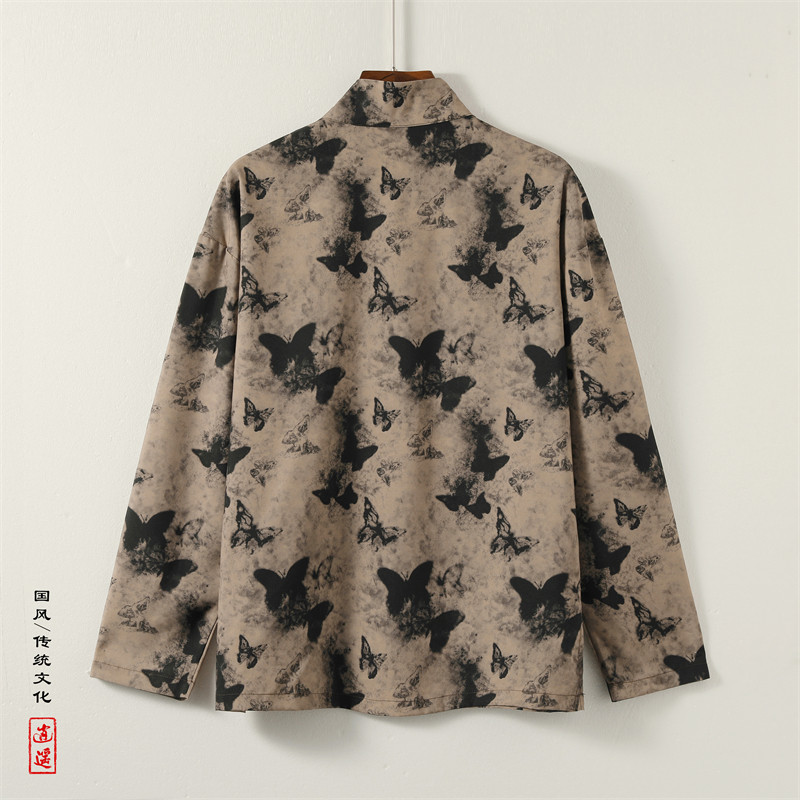 新中式J盘扣长袖衬衫男改良汉服唐装蝴蝶印花外套CS28-P68控88,男装衬衫,电商A005