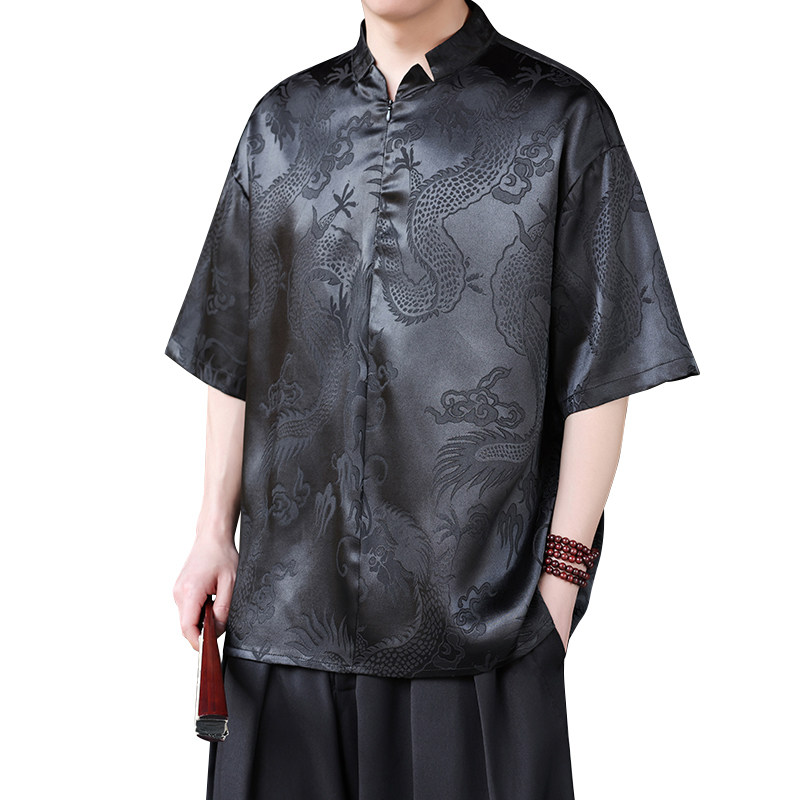 新中式E风小高领拉链领提花小众设计龙纹冰丝t恤T62-P70控98,男装T恤,电商A005