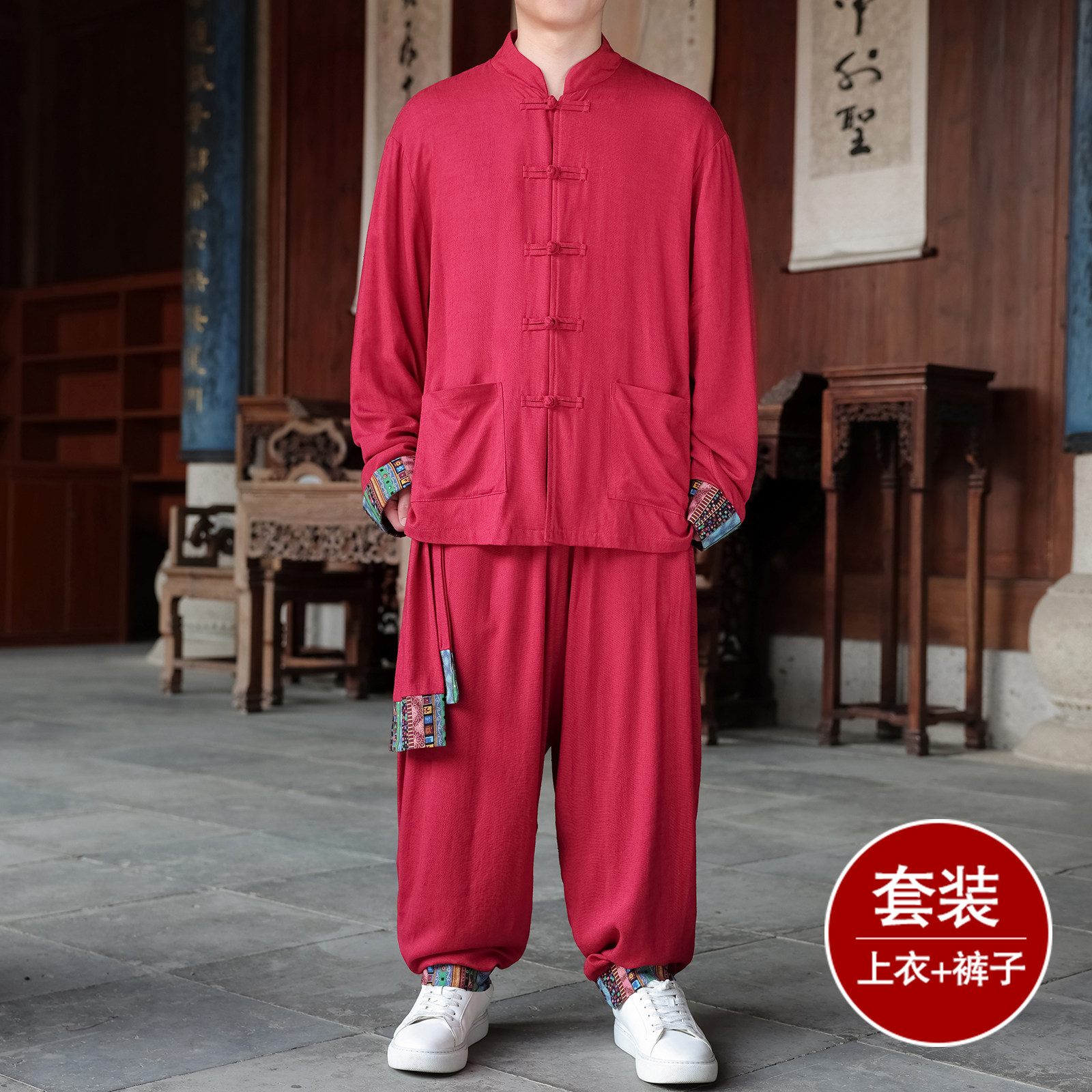 风R盘扣亚麻棉麻衬衫夹克外套大裤裆套装男TZ136-P150控178,男装夹克,电商A005