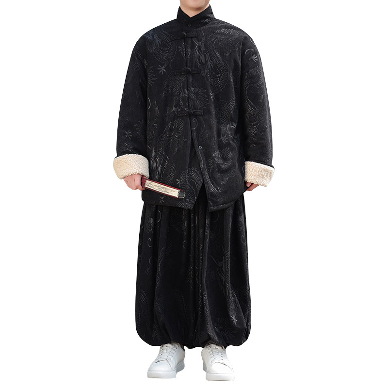 新中式AS龙纹灯芯绒羊羔毛夹克棉衣服保暖套装男TZ131-P203控228,男装夹克,电商A005