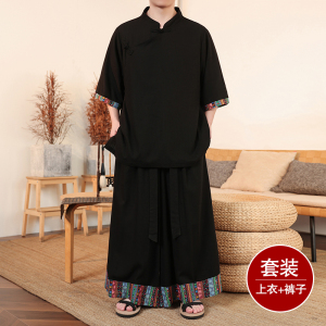 斜襟盘扣亚麻衬衫外套I民族风大桶裤套装男TZ158-P156控178图片