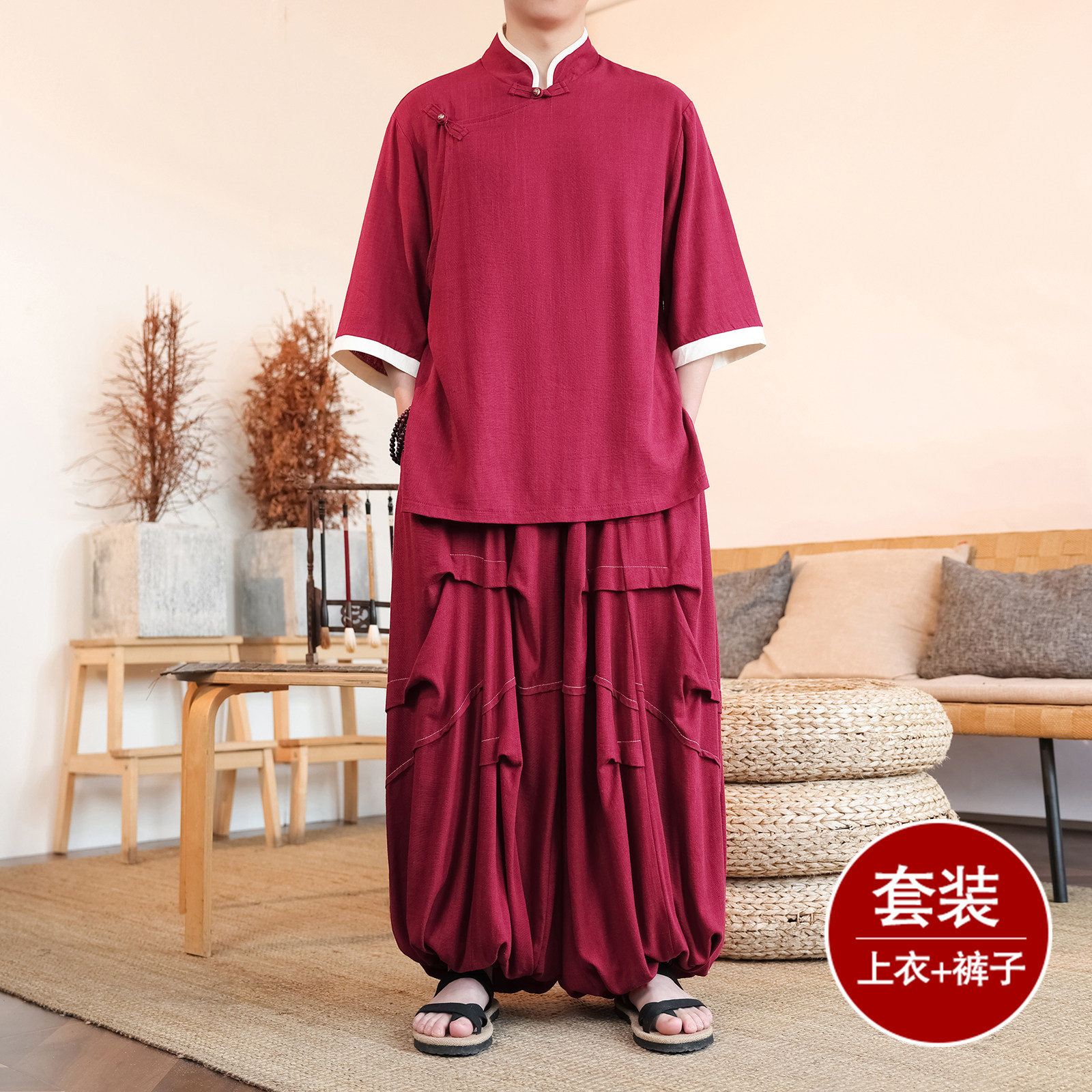 风E斜襟棉麻衬衫中山装外套折褶阔腿裤套装男TZ170-P166控188图片