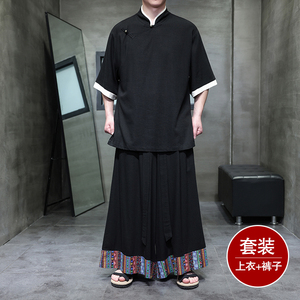 斜襟盘扣H亚麻中袖衬衫民族风复古裙裤阔腿裤套装TZ165-P176控198图片