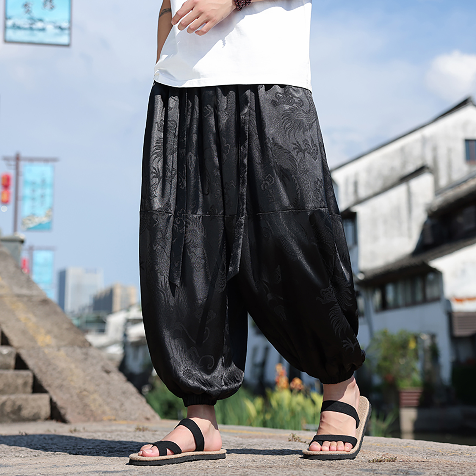 风L暗纹龙纹冰丝腰带九分裤男大桶裤宽松萝卜裤K253-P68控88，男装休闲裤，电商A005