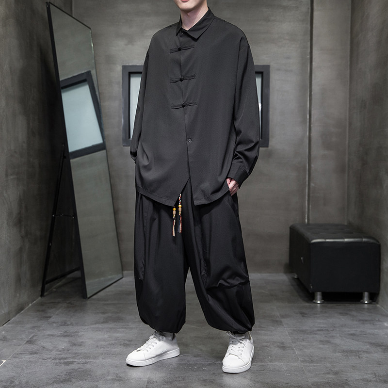新中式暗黑A盘扣冰丝衬衫工装机能大口袋裤套装男TZ26-P130控158,男装T恤,电商A005
