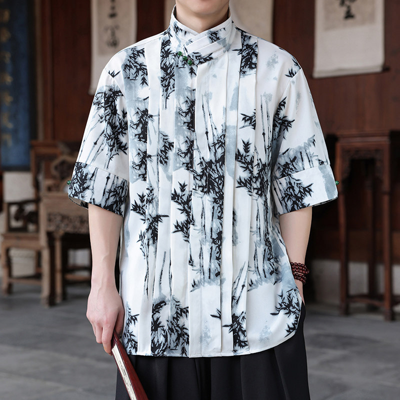 新中式H风树叶冰丝复古珍珠扣立领小众中袖衬衫男CS67-P70控98,男装衬衫,电商A005