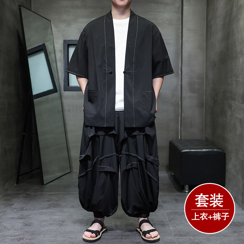 风C冰丝盘扣明线开衫外套折褶阔腿裤男套装男TZ161-P130控158,男装休闲套装,电商A005