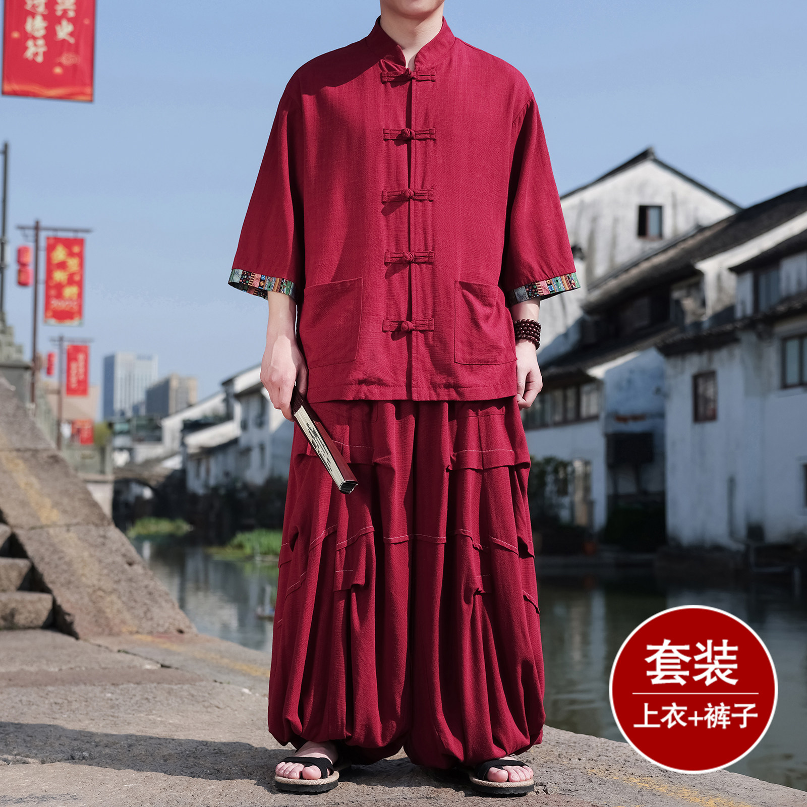 风M拼色棉麻衬衫外套折褶小众阔腿裤套装男TZ169-P153控178,男装休闲套装,电商A005