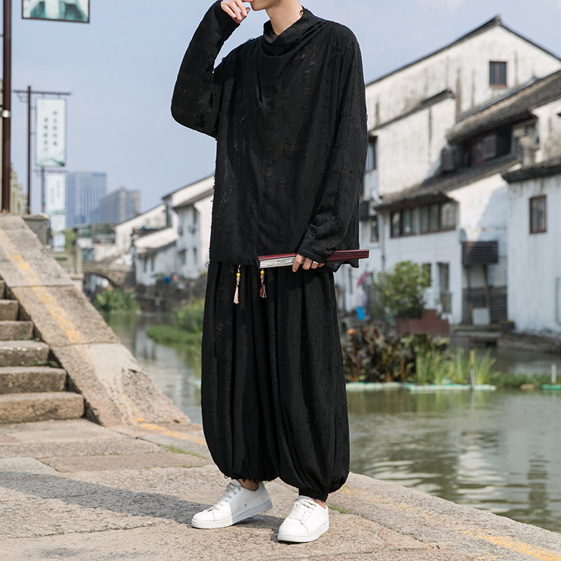 新中式J破洞不规则领堆堆领小众束脚阔腿裤套装男TZ30-P143控168,男装T恤,电商A005