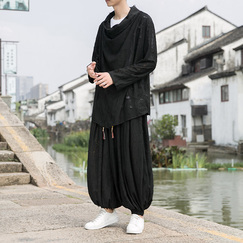 新中式O破洞不规则领堆堆领披风t恤束脚裤套装男TZ31-P143控168,男装T恤,电商A005